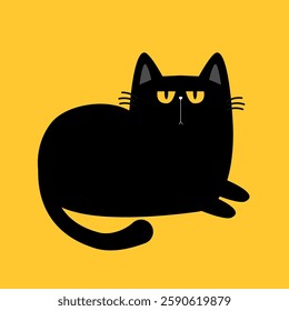 Cute laying cat. Sad face head. Funny kitten with yellow eyes. Black silhouette icon. Kawaii pet animal. Cartoon funny character. Happy Halloween. Childish style. Flat design. Yellow background Vector