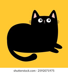 Cute laying cat. Sad face head. Funny kitten with looks up. Kawaii pet animal. Black silhouette icon. Cartoon funny character. Childish style. Happy Halloween. Flat design. Yellow background. Vector