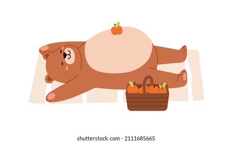 Cute lazy bear relaxing with full stuffed belly up. Funny teddy animal lying after eating. Happy adorable childish character. Flat graphic vector illustration of glutton isolated on white background