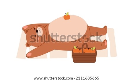 Cute lazy bear relaxing with full stuffed belly up. Funny teddy animal lying after eating. Happy adorable childish character. Flat graphic vector illustration of glutton isolated on white background