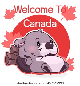 Cute lazy beaver canadian symbol kawaii character social media post mockup. Welcome to Canada typography. Poster, card template with mascot and maple leaves. Social media content, print design layout