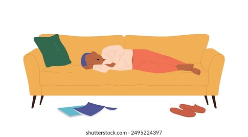 Cute lazy boy child cartoon character sleeping on home sofa resting at home vector illustration