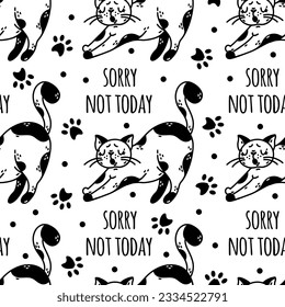 Cute lazy cat seamless vector pattern. Spotted black and white kitten yawns. Sleepy pet, nice domestic animal. Sorry, not today. Simple doodle, sketch. Background for posters, print, wallpaper, web