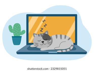 Cute lazy cat sleeping on laptop computer cartoon in flat design.