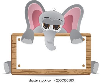 cute lazy elephant sit on floor hold wood text banner