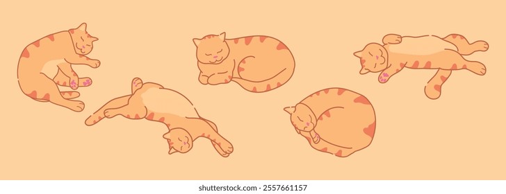 Cute lazy ginger cat in different positions. Cute sleeping red tabby cat icons. Vector illustration