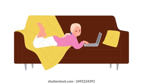 Cute lazy girl child cartoon character browsing internet, watching video on laptop lying on sofa
