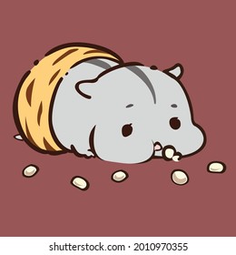 Cute Lazy Hamster Lying Eating Snack Vector Illustration. Flat Design