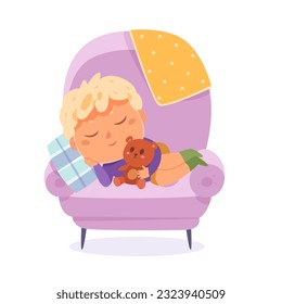 Cute lazy kid sleeping in armchair with teddy bear at nap time vector illustration. Cartoon asleep boy lying on chair seat on pillow and holding gift toy with love to sleep and relax together