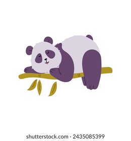 Cute lazy panda character lying on bamboo branch, flat cartoon vector illustration isolated on white background. Funny adorable panda for textile prints and design.