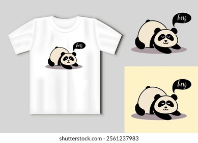 A cute lazy panda with inscription Hey. Funny print with t-shirt mockup