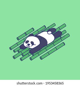 cute lazy panda sleeping top on bamboo sticks cartoon mascot concept illustration