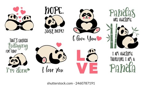 Lindos pandas perezosos con inscripciones divertidas. Diseños de camisetas