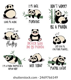 Cute lazy pandas with funny inscriptions. T shirt designs