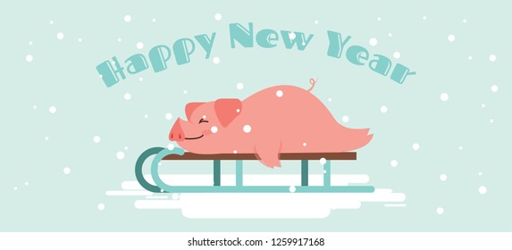 Cute lazy pig lying on a winter slide. Merry Christmas and happy new year vector design. illustration design