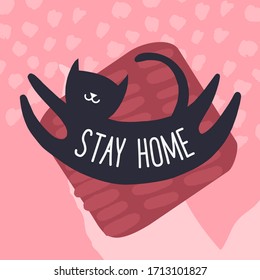 Cute lazy sleeping black quarantine cat stay home vector banner