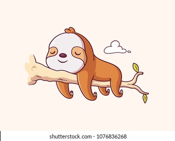 Cute Lazy Sloth Baby Sleeping On A Branch Cartoon Illustration