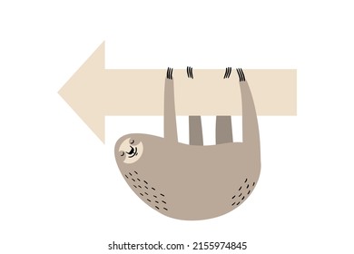 Cute lazy sloth character hanging on the big arrow sign. Flat cartoon vector illustration.
