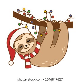 Cute lazy sloth hanging on a branch with a Christmas garland