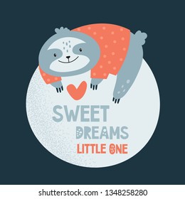 Cute lazy sloth relax on the moon. Sweet dreams little one. Hand drawn vector character. Animal flat clipart. Isolated cartoon illustration for kids game, book, t-shirt, cards, print, textile, poster