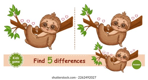 Cute lazy sloth rest hanging on tree branch, find 5 difference puzzle education children game. Funny slow tropical exotic animal character. Compare picture. Kid preschool learning logical task. Vector