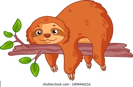 Cute lazy sloth resting on a branch. Cartoon animal vector illustration. Unique hand drawn vector illustration. Can be used for sticker, phone case, print, poster, t-shirt, holiday or party decor