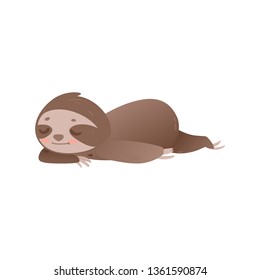 Cute lazy sloth sleeping - adorable jungle animal laying on floor or ground and resting isolated on white background. Funny cartoon character relaxing with closed eyes in flat vector illustration.