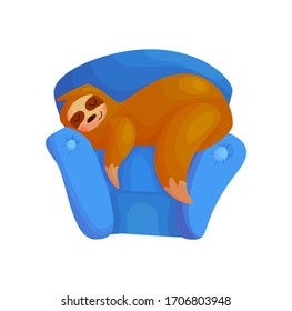 Cute lazy sloth sleeping character design. Sleep wild animal nursery poster vector illustration. Funny tropical relax concept. Chair rest