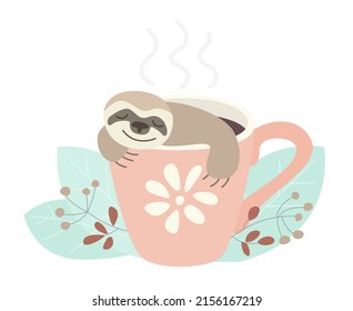 Cute lazy sloth sleeping in coffee cup. Cartoon nap time and relax of happy sleepy animal character with funny face from exotic jungle flat vector illustration. Coffee break, pajama party concept