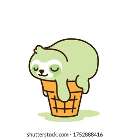 Cute lazy sloth sleeping like an icecream. Funny idea for your design, kid food dessert bakery product, decoration cafe shop, Invitation post, vector illustration