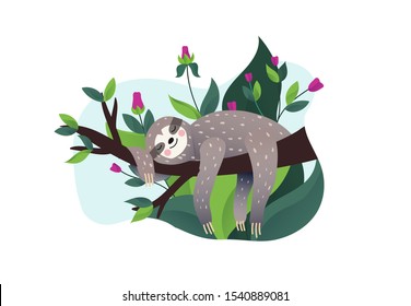Cute lazy sloth sleeping on a branch of the tropical tree. Cartoon style, vector illustration. Slow down quote lettering.