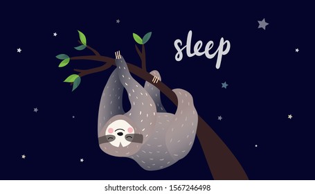 Cute lazy sloth sleeping on a branch of the tropical tree in the night. Sleep type lettering. Vector calligraphy. Cartoon style, vector illustration. Slow down quote lettering.