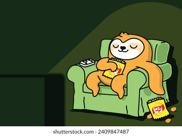 Cute lazy sloth stay at home having lazy day eating snack watching TV streaming movie online and relaxing on sofa. Couch potato, funny metaphor. Cartoon lazy potato sitting on sofa, vector clip art.