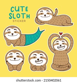 Cute lazy sloth stickers set. Sloth cartoon illustration