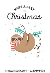 Cute lazy sloths, funny Merry Christmas illustrations with Santa Claus costumes, hat and scarfs, greeting cards set, banner