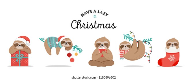 Cute lazy sloths, funny Merry Christmas illustrations with Santa Claus costumes, hat and scarfs, greeting cards set, banner