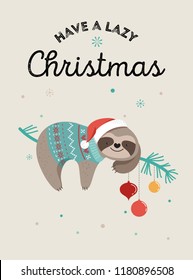 Cute lazy sloths, funny Merry Christmas illustrations with Santa Claus costumes, hat and scarfs, greeting cards set, banner