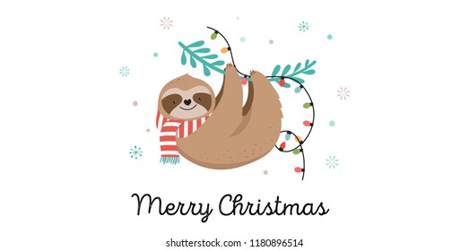 Cute lazy sloths, funny Merry Christmas illustrations with Santa Claus costumes, hat and scarfs, greeting cards set, banner