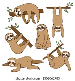 Cute lazy vector cartoon character.Funny sloth animal sleeping on a jungle tree