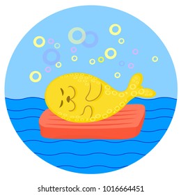 Cute lazy yellow ringed seal lying on red air mattress at sea. Vector color cartoon image.
