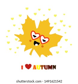 Cute leaf autumn art for greeting card, poster, banner, invitation. Kawaii