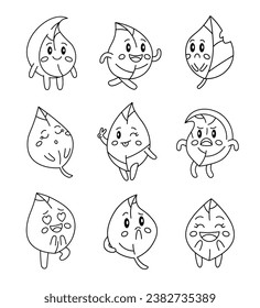 Cute leaf character. Coloring Page. Kawaii plant different poses and emotions, love, joy, sadness, anger. Vector drawing. Collection of design elements.