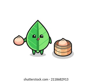 cute leaf character eating steamed buns , cute style design for t shirt, sticker, logo element