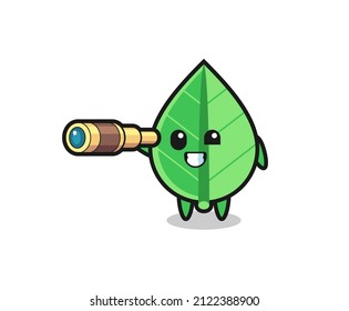 cute leaf character is holding an old telescope , cute style design for t shirt, sticker, logo element