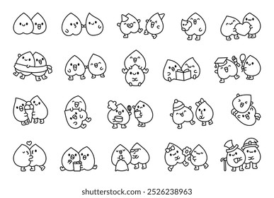 Linda pareja de hojas. Página para colorear. Adorable amistad de carácter. Estilo dibujado a mano. Dibujo de Vector. Colección de Elementos de diseño.