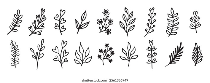 Cute leaf modern doodle hand drawn icon set. Outline drawing line clipart symbol collection. Vector illustration