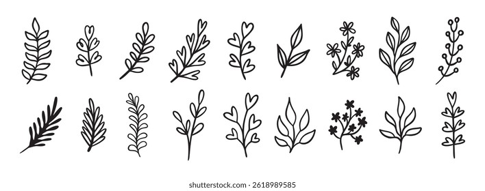 Cute leaf modern doodle hand drawn icon set. Outline drawing line clipart symbol collection. Vector illustration