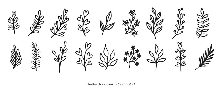 Nettes Blatt modernes Doodle handgezeichnetes Symbol-Set. Kollektion von Skizzierlinien-Clipart-Symbolen. Vektorgrafik