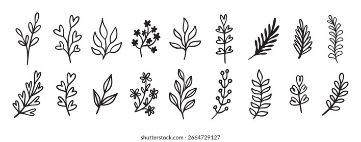 Conjunto de iconos dibujados a mano de doodle moderno de hoja linda. Colección de símbolos de Clipart de línea de dibujo de esquema. Ilustración vectorial