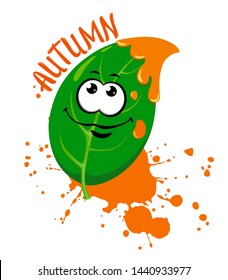 Cute leaf summer - autumn with a brush and spray paint. Handwritten text Autumn. Vector illustration on white background.